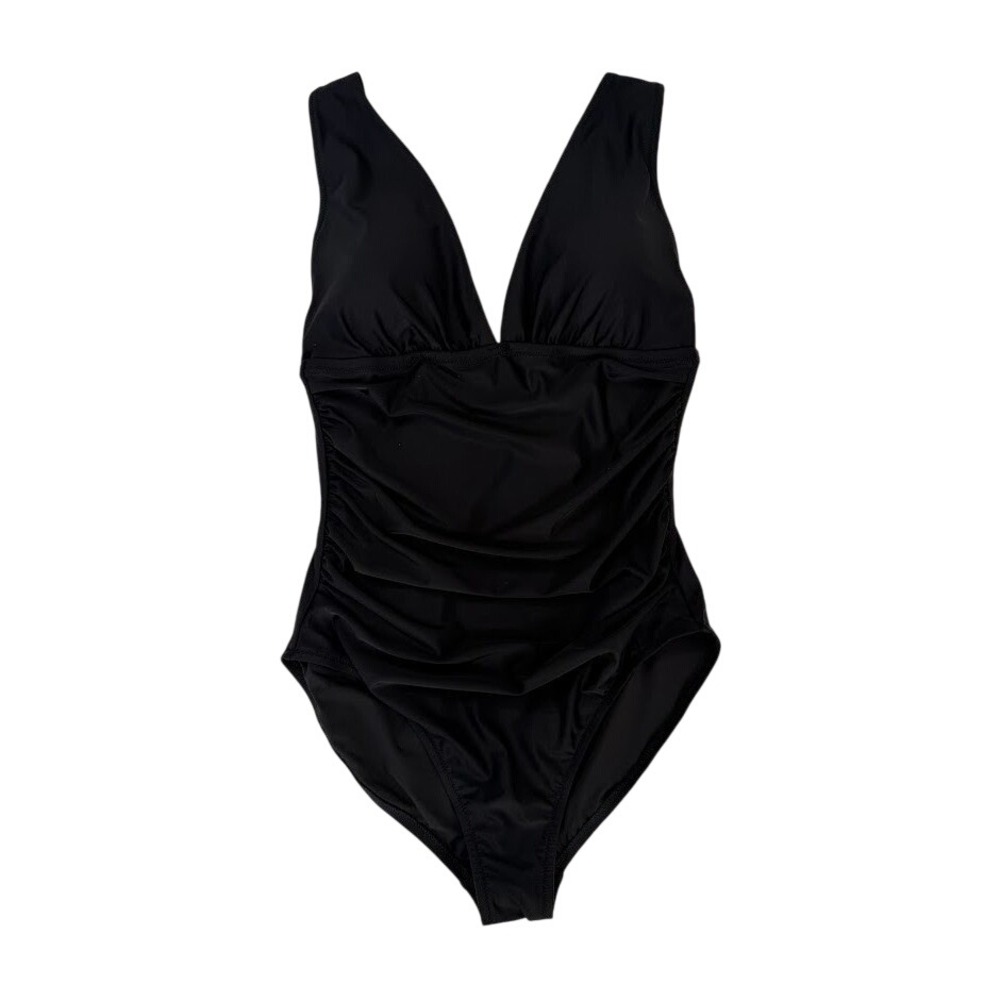 J.Crew Ruched V-Neck One-Piece Swimsuit Black NWT Womens Large